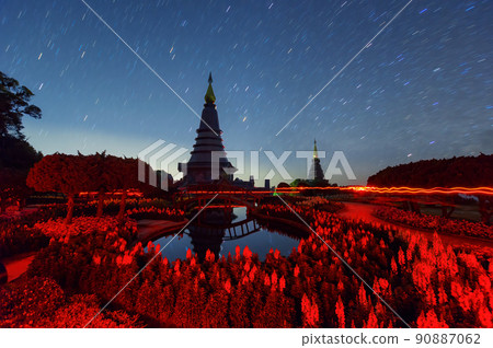 Star trails sacred temple at Doi Inthanon National Park, 90887062