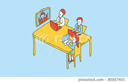 Illustration of a businessman who remotely attends a meeting of people who are in the office 90887401