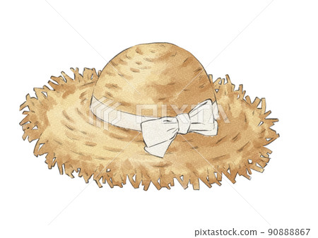 Illustration of an unknitted straw hat with a tied white ribbon (watercolor style) 90888867