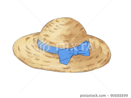 Illustration of a straw hat with a tied blue ribbon (watercolor style) 90888899