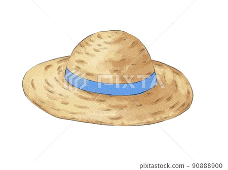 Illustration of a straw hat with a blue ribbon (watercolor style) 90888900