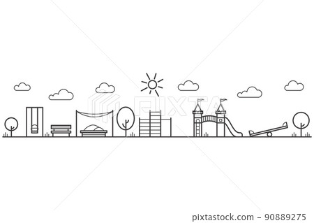Childrens playground with swings, sandbox and bench in park. Entertainment in kids area. Outline city landscape. Vector 90889275