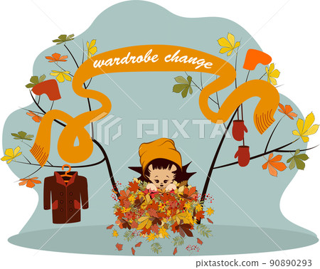 Vector image of a hedgehog in a pile of autumn foliage. From a series of illustrations with a hedgehog Vector image of a hedgehog in a pile of autumn foliage. From a series of illustrations with a hedgehog 90890293