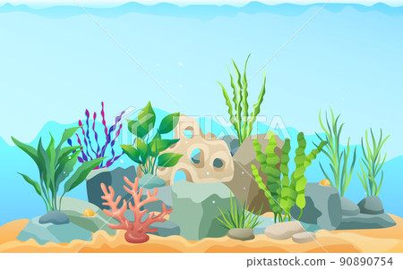 Seascape Rocks and Plants Vector Illustration 90890754