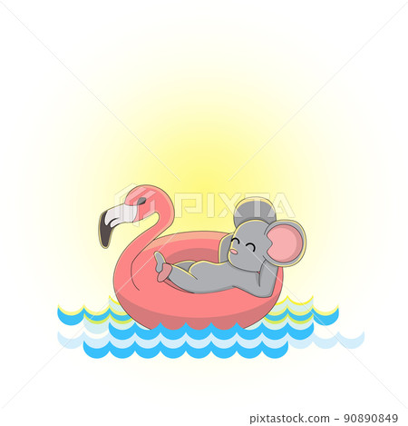 Vector image of a mouse in an inflatable circle in the form of a pink Flamingo on the water. Symbol of 2020. Series of illustrations. Calendar item	 90890849