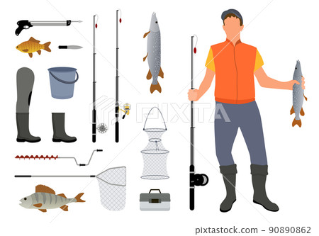 Fishing Equipment and Fisher with Catch Color Card Fishing Equipment and Fisher with Catch Color Card 90890862