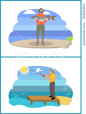 Fisherman Fishing from Platform and from Bank Fisherman Fishing from Platform and from Bank 90890863