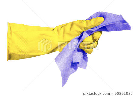 Hand in a yellow glove holds a rag for cleaning isolated on a white background. In yellow and blue colors of the Ukrainian flag. Concept of the need to clean up countrys authorities from corruption. 90891083