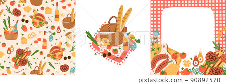 Picnic party banner set. Summer picnic party invitation frame with picnic basket, picnic blanket, picnic food, pizza, sausages. Outdoor picnic collection. Vector illustration card. Garden party poster Picnic party banner set. Summer picnic party invitation frame with picnic basket, picnic blanket, picnic food, pizza, sausages. Outdoor picnic collection. Vector illustration card. Garden party poster 90892570