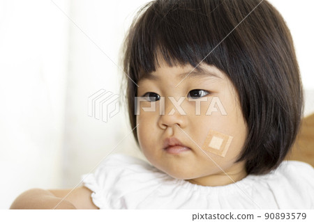 Baby with adhesive plaster on cheek (girl, Japanese, 1 year and 11 months old) Baby with adhesive plaster on cheek (girl, Japanese, 1 year and 11 months old) 90893579