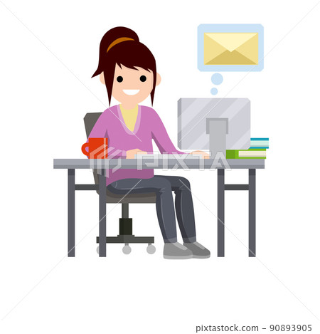 Young woman sit at table with computer and receives letter. Young woman sit at table with computer and receives letter. 90893905