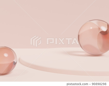 3D Rendering Asian, Chinese, Japanese or Korean Style Product Display Background. With Watercolor Crystal Spheres Props for Festive Food, Beverage and Beauty Products. 90898298