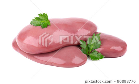 Pork kidney isolated on white background. Closeup. Raw pig kidney. 90898776