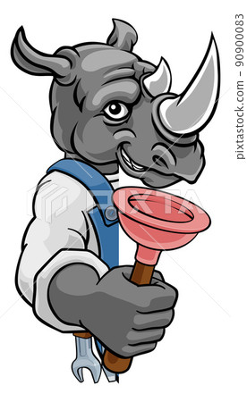 Rhino Plumber Cartoon Mascot Holding Plunger 90900083