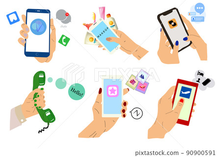 Hands holding phones. Social media interaction. Phone mockup, application on touch screen device. 90900591