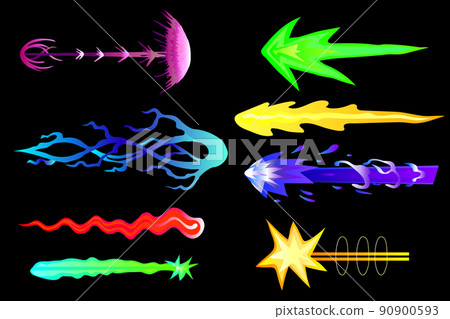 Laser gun beam. Cartoon futuristic shot effect. Space astronaut blaster attacks set. Raygun futuristic alien weapon boom. Game or comic book colorful energy phasers lightnings Laser gun beam. Cartoon futuristic shot effect. Space astronaut blaster attacks set. Raygun futuristic alien weapon boom. Game or comic book colorful energy phasers lightnings 90900593