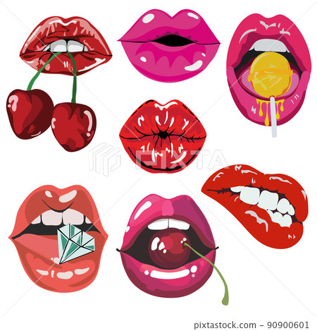 Woman mouth set. Red sexy lips expressing different emotions. Mouth lips and tongue smile vector emoji icons 90900601