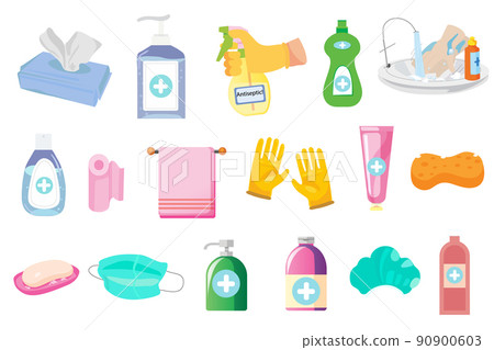Disinfection and hygiene set. SRubber gloves on hands, medical mask. Bottle of antiseptic spray. Antibacterial flask. Disinfection. Hand hygiene. 90900603