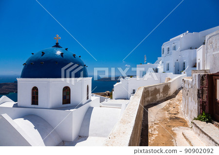Greek Santorini Island Imerovigli Blue Dome Lord's Resurrection Church and White Cityscape 90902092