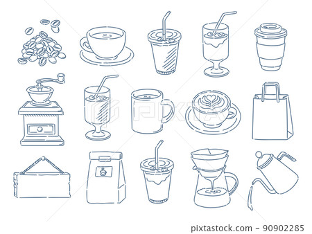 A set of various illustrations about coffee and cafes. Line drawings only. White background. 90902285
