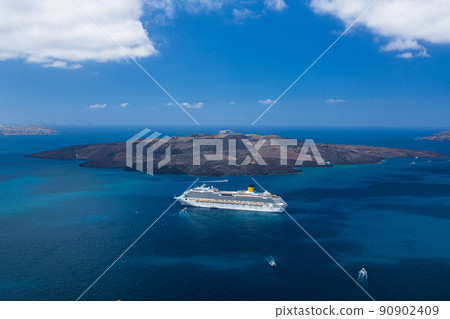 Greece Santorini Fira Cruise ship and volcanic island Nea Kameni on the Aegean Sea 90902409