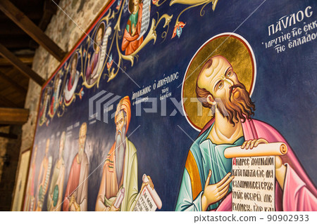 Fresco painting of the Great Meteoron Monastery in Meteora, Greece Fresco painting of the Great Meteoron Monastery in Meteora, Greece 90902933
