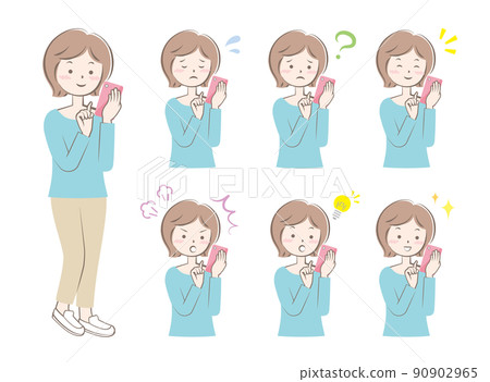 Women with various facial expressions operating smartphones Full body upper body variation 90902965