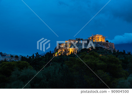 Illuminated Acropolis and Parthenon seen from the Areopagus hills in Athens at dusk, Greece 90904500