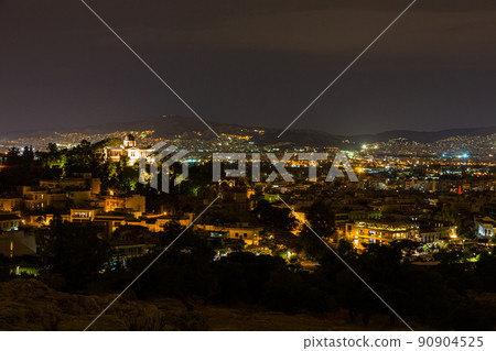 The night view from the Areopagus hill in Athens, Greece, and the illuminated Athens National Observatory and St. Marina's Church The night view from the Areopagus hill in Athens, Greece, and the illuminated Athens National Observatory and St. Marina's Church 90904525