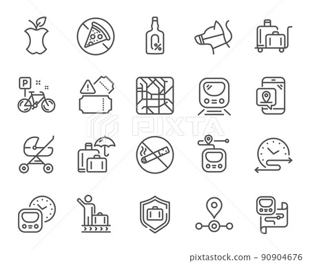 Underground line icons. Subway map, Station location, Metro rules. Dog on leash, Apple core, No smoking outline icons. Underground tickets, No alcohol drink, food at metro. Baby carriage place. Vector Underground line icons. Subway map, Station location, Metro rules. Dog on leash, Apple core, No smoking outline icons. Underground tickets, No alcohol drink, food at metro. Baby carriage place. Vector 90904676