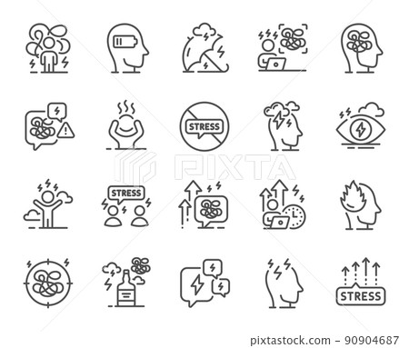 Stress line icons. Mental health, depression and confusion thoughts. Frustrated man, negative mood, panic fear outline icons. Stress pressure and psychology mental problems. Bad depression. Vector 90904687