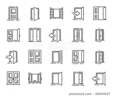 Entrance line icons. Open door, Building entry, Emergency exit. Closed doorway, Doorframe, House entrance outline icons. Door knob, home entry, building access. Interior gate, double door. Vector 90904697