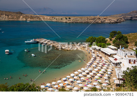 Beach seen from the old town of Lindos, a town on the island of Rhodes, Greece Beach seen from the old town of Lindos, a town on the island of Rhodes, Greece 90904781