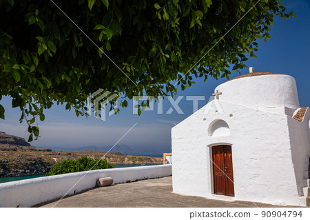 Oratory of St. George Pahimahiotis in the old town of Lindos, a town on the island of Rhodes, Greece 90904794