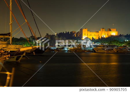 Rhodes Mandraki Harbor on Rhodes Island at Night and Grand Master's Palace of the Palace of the Grand Master of Rhodes 90905705