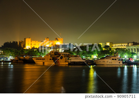 Rhodes Mandraki Harbor on Rhodes Island at Night and Grand Master's Palace of the Palace of the Grand Master of Rhodes 90905711