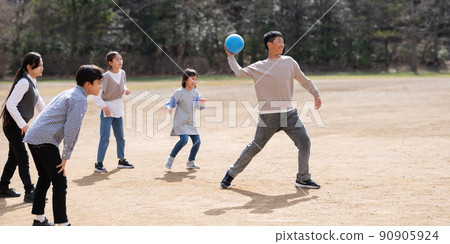 Elementary school students playing dodgeball Elementary school students playing dodgeball 90905924