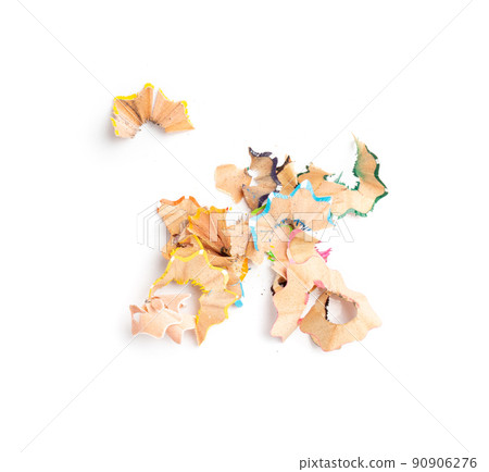 Color wood pencil with sharpening shavings isolated 90906276