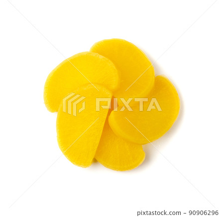 Pickled Daikon Bars Isolated, Marinated Yellow Radish Pickled Daikon Bars Isolated, Marinated Yellow Radish 90906296