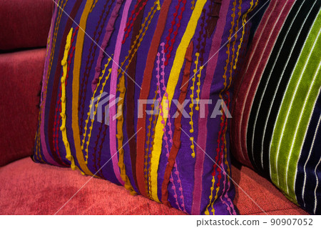 beautiful decorative pillows on sofa, closeup beautiful decorative pillows on sofa, closeup 90907052