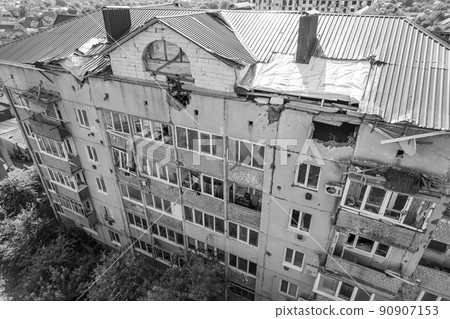 War in Ukraine - destroyed building in Makariv, black and white photo War in Ukraine - destroyed building in Makariv, black and white photo 90907153