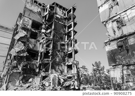 War in Ukraine - destroyed building in Borodyanka, black and white photo 90908275