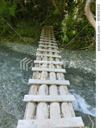 橫跨國龍瀑布和草坪廣場之間的四重瀨川的木橋(神奈川縣秦野市表丹澤縣立森林) 橫跨國龍瀑布和草坪廣場之間的四重瀨川的木橋(神奈川縣秦野市表丹澤縣立森林) 90908303