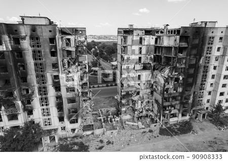 War in Ukraine - destroyed building in Borodyanka, black and white photo 90908333