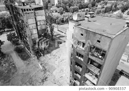War in Ukraine - destroyed building in Borodyanka, black and white photo 90908337