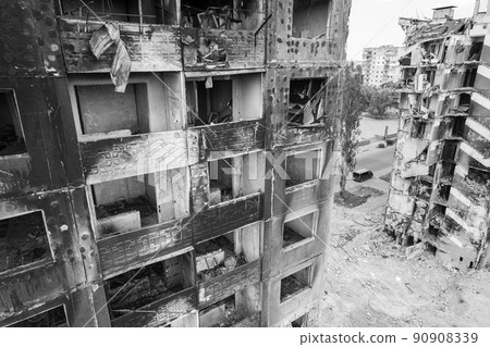 Borodyanka, Ukraine - a destroyed building during the war, black and white photo Borodyanka, Ukraine - a destroyed building during the war, black and white photo 90908339