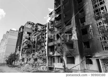 War in Ukraine - destroyed building in Borodyanka, black and white photo War in Ukraine - destroyed building in Borodyanka, black and white photo 90908380