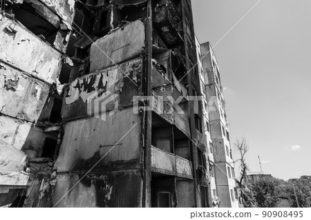 War in Ukraine - destroyed building in Borodyanka, black and white photo 90908495