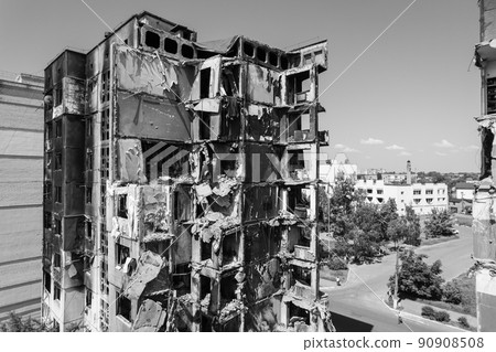 Borodyanka, Ukraine - a destroyed building during the war, black and white photo 90908508
