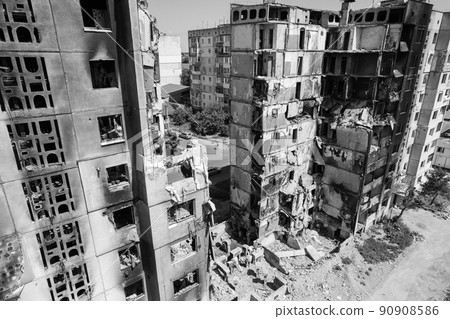 Borodyanka, Ukraine - a destroyed building during the war, black and white photo 90908586